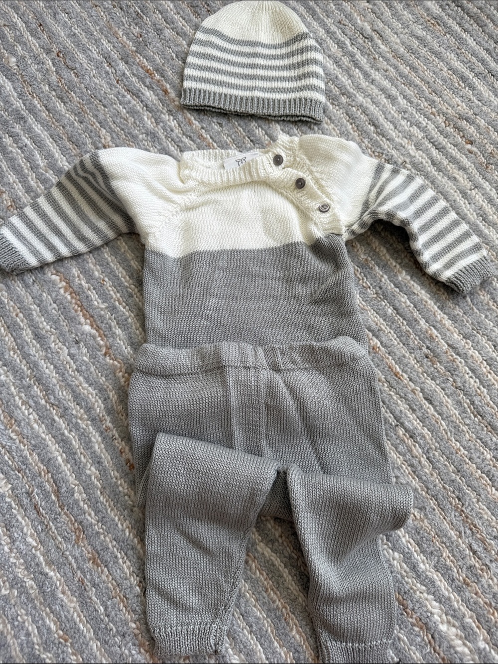 Boutique Neutral Gray & Cream Knit Baby One-Piece with Button Shoulder